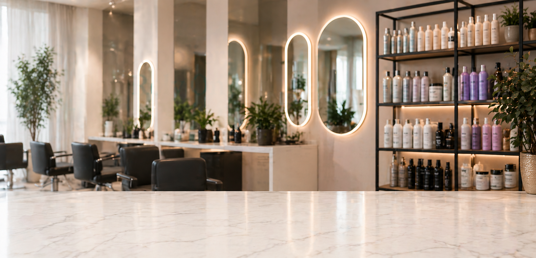 Image of salon with lights and products